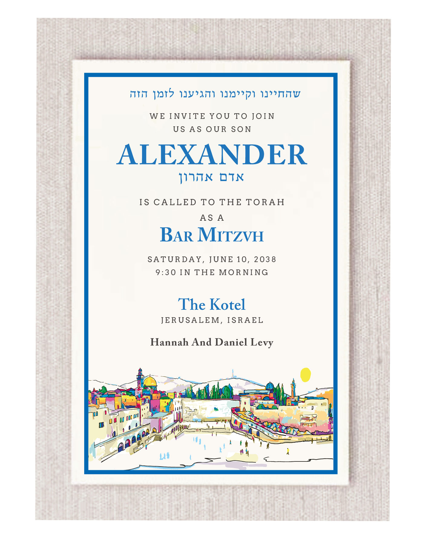 Immerse yourself in the vibrant charm of our Jerusalem Yerushalaim Bar Mitzvah invitation. This elegant design features a colorful artistic sketch border inspired by the breathtaking beauty of Jerusalem, capturing the spirit of the Holy Land in a modern and sophisticated way. The Bar Mitzvah details are gracefully framed within this unique artwork, blending tradition with contemporary elegance. The name of the Bar Mitzvah boy is beautifully highlighted, including his Hebrew name, displayed in stunning lapis blue tones that symbolize wisdom, strength, and spirituality. This thoughtful detail adds depth and meaning to the design, creating a truly personalized keepsake. To complete the look, you can order matching navy envelope liners that perfectly complement the lapis blue name design, adding a refined and cohesive finish to your invitation suite. Perfect for families who wish to celebrate this milestone with both tradition and modern style, this invitation reflects faith, culture, and creativity. Impress your guests with a timeless design that honors heritage while embracing contemporary elegance.