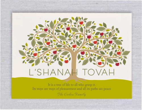Rosh Hashanah greeting card with a tree of life full of red apples on an olive-green hillside, "L'Shanah Tovah" greeting, and the verse "It is a tree of life to all who grasp it" personalized for the Cohen Family.