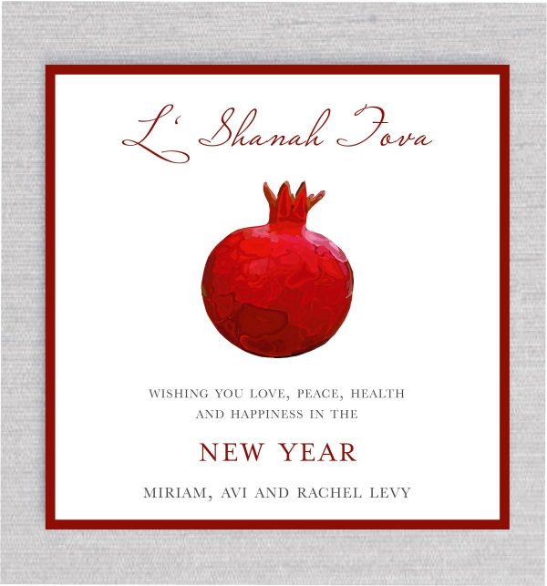 This Pomegranate Rosh Hashanah Card perfectly captures the sense of approaching maturity with a colorful unique red pomegranate and the heading of L'Shanah Tova in English.