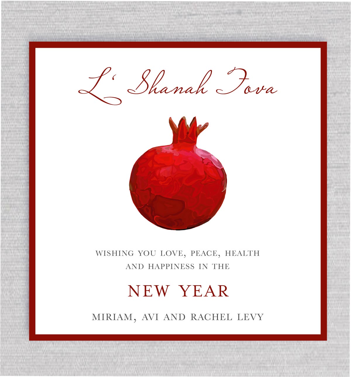 This Pomegranate Rosh Hashanah Card perfectly captures the sense of approaching maturity with a colorful unique red pomegranate and the heading of L'Shanah Tova in English.