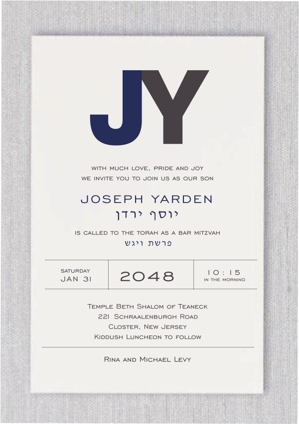 Presenting Our Striking "Blue and Dark Smoke" Bar Mitzvah Invitation, featuring a bold modern monogram prominently displayed at the top. The elegance of the Bar Mitzvah boy's name is showcased in both Hebrew and English, adding a personal touch to this contemporary design. The information layout is meticulously crafted, exuding a sleek and modern aesthetic. This invitation perfectly balances sophistication with a touch of boldness, making it an ideal choice to celebrate this significant milestone in style.