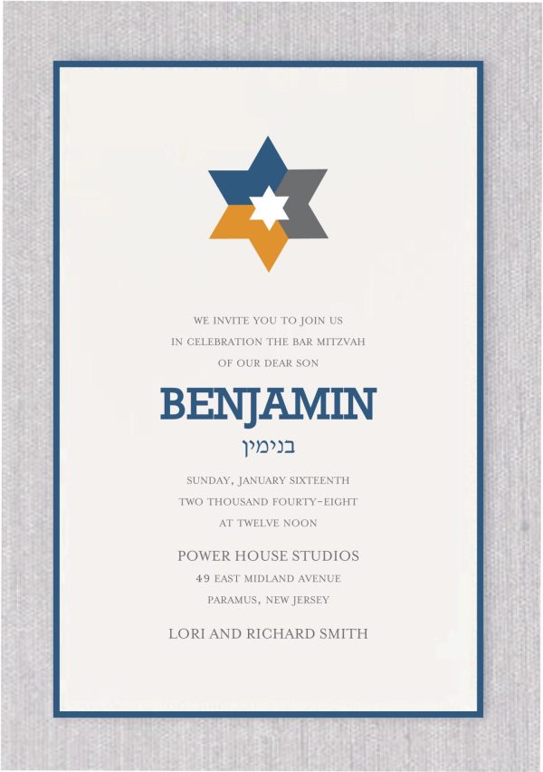 Elevate your upcoming event with this exquisite Bar Mitzvah invitation. The modern star of David feature, adorned in three distinct colors, imparts a contemporary allure. The event details are presented with a clean and contemporary design, complemented by a simple color border, creating an invitation that exudes both sophistication and simplicity.