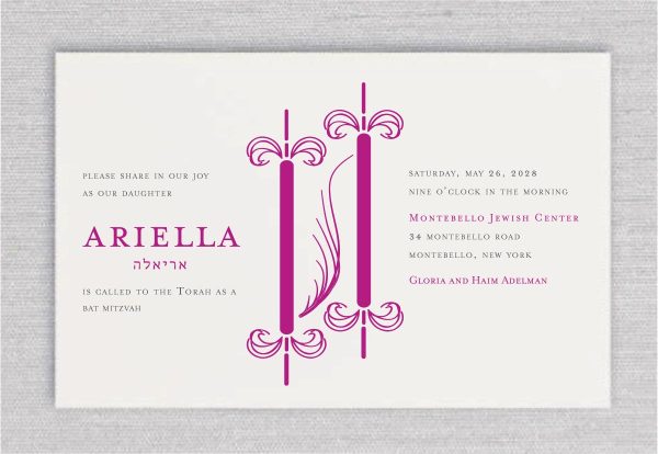 The Chic Torah - Bat Mitzvah Invitations are absolutely stunning! They showcase a beautiful modern flower Torah design in vibrant hot pink that is sure to catch the eyes of your guests. The layout is very unique and easy on the eyes, and it's perfect for anyone who wants to add a fresh and stylish touch to their special Jewish occasion. These invitations will surely make a lasting impression on your guests and set the tone for a memorable celebration. 