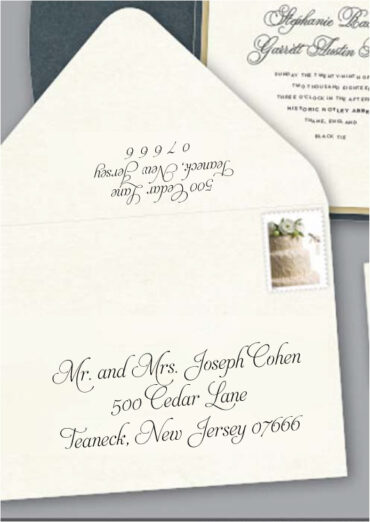 Save time by opting for calligraphy envelope guest addressing with your order, featuring guest addressing tailored to match your unique style. This ensures that upon receiving your invitations, they will be ready for mailing, complete with addresses professionally printed directly onto your envelopes. The font and color will seamlessly match your invitations, creating a cohesive theme, unless you specify changes to the color or fonts. Select your desired quantity, customize your envelope online, and complete your order. Email us your guest addressing list file, and we'll create a layout for your approval. Upon receiving the layout, carefully review it and make any necessary changes or corrections.