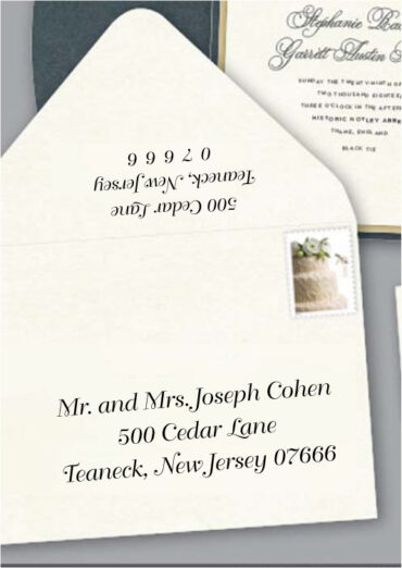 Save time by opting for calligraphy envelope guest addressing with your order, featuring guest addressing tailored to match your unique style. This ensures that upon receiving your invitations, they will be ready for mailing, complete with addresses professionally printed directly onto your envelopes. The font and color will seamlessly match your invitations, creating a cohesive theme, unless you specify changes to the color or fonts. Select your desired quantity, customize your envelope online, and complete your order. Email us your guest addressing list file, and we'll create a layout for your approval. Upon receiving the layout, carefully review it and make any necessary changes or corrections.