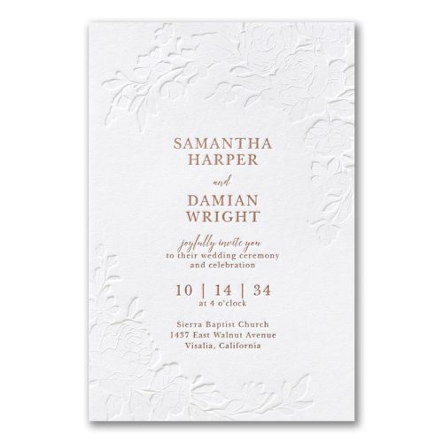 This elegant wedding invitation features a delicate floral letterpress design that gracefully frames the wording with intricate blossoms and lush leaves. Each detail is carefully crafted, with the soft, tactile impression of the letterpress adding a luxurious, sophisticated touch. The textured feel of the paper creates a sensory experience that enhances the overall aesthetic, making it more than just an invitation—it's a keepsake. The intricate floral elements evoke a sense of timeless beauty, while the refined design conveys a romantic and classic elegance. Perfectly suited for a joyous occasion, this invitation sets the tone for a celebration filled with love, elegance, and unforgettable memories.