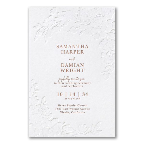 This elegant wedding invitation features a delicate floral letterpress design that gracefully frames the wording with intricate blossoms and lush leaves. Each detail is carefully crafted, with the soft, tactile impression of the letterpress adding a luxurious, sophisticated touch. The textured feel of the paper creates a sensory experience that enhances the overall aesthetic, making it more than just an invitation—it's a keepsake. The intricate floral elements evoke a sense of timeless beauty, while the refined design conveys a romantic and classic elegance. Perfectly suited for a joyous occasion, this invitation sets the tone for a celebration filled with love, elegance, and unforgettable memories.