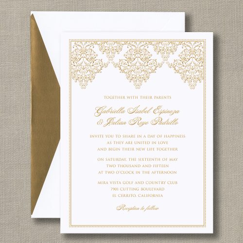 Gold Damask Scroll Bright White Wedding Invitations