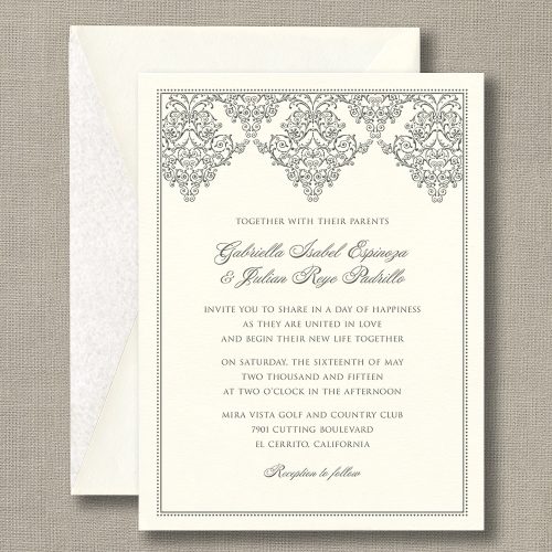 Charcoal Damask Scroll Warm White Wedding Invitations
