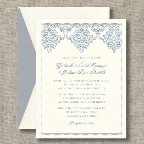 French Blue Damask Scroll Warm White Wedding Invitations