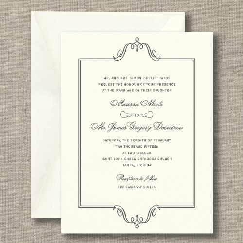 Charcoal Regal Frame Warm White Wedding Invitations