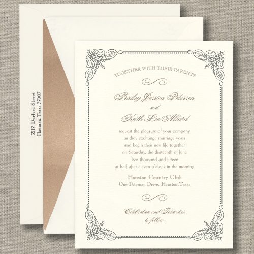 Taupe Vintage Frame Warm White Wedding Invitations
