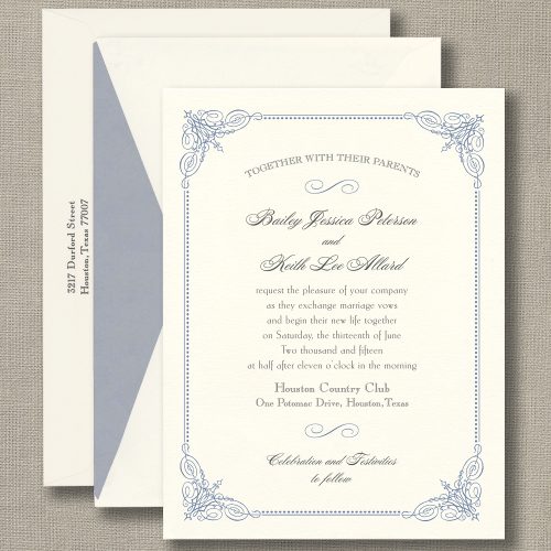 French Blue Vintage Frame Warm White Wedding Invitations
