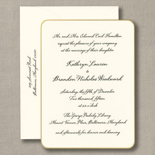 Ecru Gilt Edged Round Cornered Wedding Invitations with Scalloped Envelopes