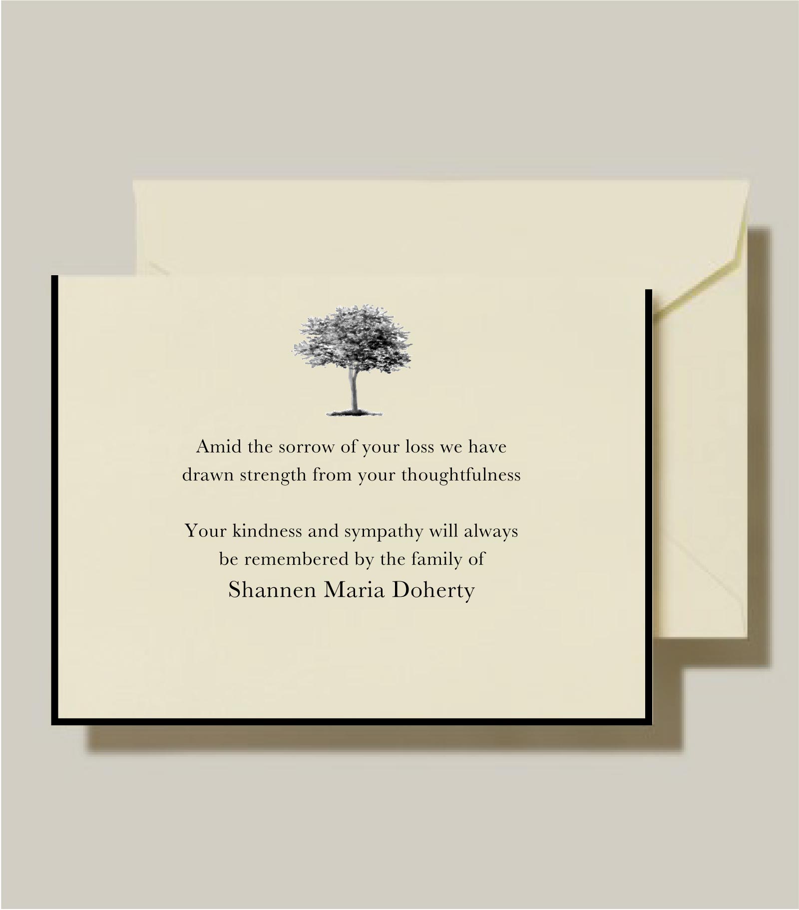 Elegant Sympathy Condolence Cards In moments of profound loss, these elegant sympathy condolence cards offer a timeless and dignified way to express gratitude. A deep black border surrounds the card, offering a sense of calm and poise during a difficult time. At the top of the card, a graceful tree design symbolizes strength, life, and remembrance—adding a meaningful touch to your message. Combined with refined script typography, this sympathy announcement card embodies grace and sincerity. Perfect for honoring a loved one’s memory while thanking friends and family for their support, these cards are a classic choice for conveying appreciation with quiet elegance. Ideal for use as condolence thank you cards, sympathy acknowledgments, or memorial announcements.