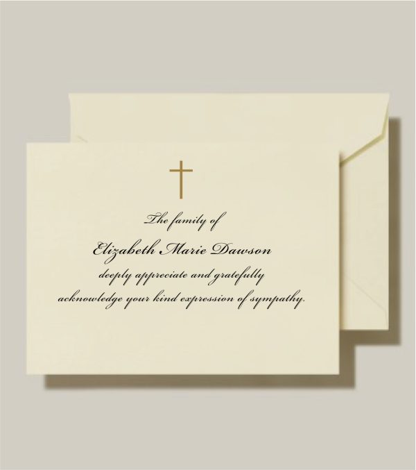 Elegant Navy Sympathy Condolence Cards In moments of profound loss, these elegant sympathy condolence cards offer a timeless and dignified way to express gratitude. A deep navy border surrounds the card, offering a sense of calm and poise during a difficult time. Featuring refined script typography and a simple gold cross, this sympathy announcement card embodies grace and sincerity. Perfect for honoring a loved one’s memory while thanking friends and family for their support, these cards are a classic choice for conveying appreciation with quiet elegance. Ideal for use as condolence thank you cards, sympathy acknowledgments, or memorial announcements.