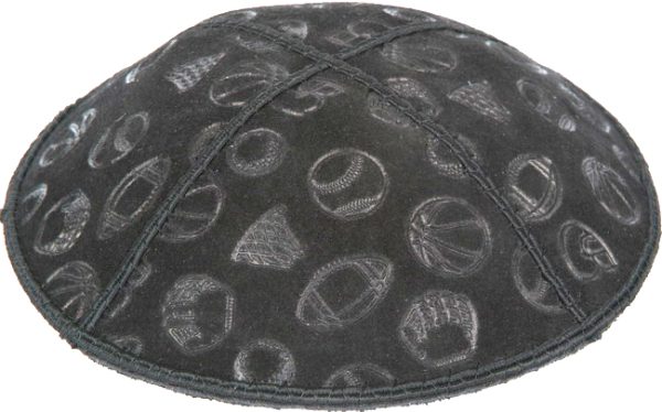 Silver Embossed all Sports - Kippah, Chai Embossed - Kippah, Our embossed foil kippah, meticulously crafted from luxurious suede, showcases a refined 4-panel design and stands at an elegant 3" high. The foil embossing can be rendered in various exquisite colors. The price includes a custom plate and design, along with a selection of sophisticated fonts at no extra charge.