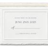 A southern chic reception card with all the trimmings, including an embossed frame and feather deckle edge!