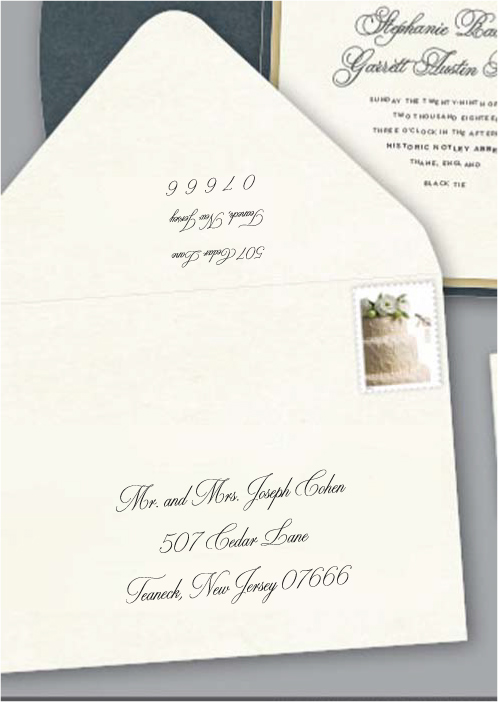 Save time by opting for calligraphy envelope guest addressing with your order, featuring guest addressing tailored to match your unique style. This ensures that upon receiving your invitations, they will be ready for mailing, complete with addresses professionally printed directly onto your envelopes. The font and color will seamlessly match your invitations, creating a cohesive theme, unless you specify changes to the color or fonts. Select your desired quantity, customize your envelope online, and complete your order. Email us your guest addressing list file, and we'll create a layout for your approval. Upon receiving the layout, carefully review it and make any necessary changes or corrections.