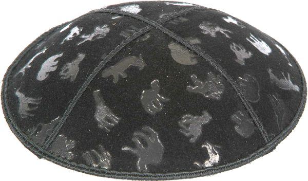 Animals Embossed - Kippah, Our embossed foil kippah, meticulously crafted from luxurious suede, showcases a refined 4-panel design and stands at an elegant 3" high. The foil embossing can be rendered in various exquisite colors. The price includes a custom plate and design, along with a selection of sophisticated fonts at no extra charge. For those desiring a bespoke creation, both the foil and kippah color can be personalized for an additional fee.