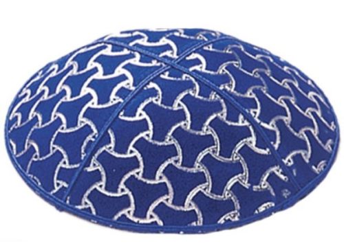 Blue Foil Wheels Embossed - Kippah, Our embossed foil kippah, meticulously crafted from luxurious suede, showcases a refined 4-panel design and stands at an elegant 3" high. The foil embossing can be rendered in various exquisite colors. The price includes a custom plate and design, along with a selection of sophisticated fonts at no extra charge. For those desiring a bespoke creation, both the foil and kippah color can be personalized for an additional fee.