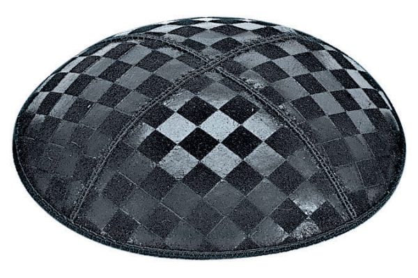 Checkerboard Embossed - Kippah, Our embossed foil kippah, meticulously crafted from luxurious suede, showcases a refined 4-panel design and stands at an elegant 3" high. The foil embossing can be rendered in various exquisite colors. The price includes a custom plate and design, along with a selection of sophisticated fonts at no extra charge. For those desiring a bespoke creation, both the foil and kippah color can be personalized for an additional fee.