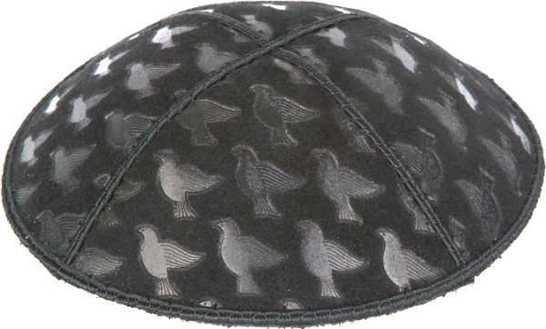 Doves Embossed - Kippah, Our embossed foil kippah, meticulously crafted from luxurious suede, showcases a refined 4-panel design and stands at an elegant 3" high. The foil embossing can be rendered in various exquisite colors. The price includes a custom plate and design, along with a selection of sophisticated fonts at no extra charge. For those desiring a bespoke creation, both the foil and kippah color can be personalized for an additional fee.