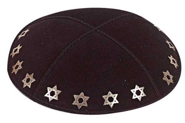 Foil Embossed Star of David Border - Kippah, Chai Embossed - Kippah, Our embossed foil kippah, meticulously crafted from luxurious suede, showcases a refined 4-panel design and stands at an elegant 3" high. The foil embossing can be rendered in various exquisite colors. The price includes a custom plate and design, along with a selection of sophisticated fonts at no extra charge.