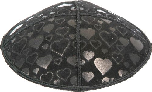 Hearts Embossed - Kippah, Our embossed foil kippah, meticulously crafted from luxurious suede, showcases a refined 4-panel design and stands at an elegant 3" high. The foil embossing can be rendered in various exquisite colors. The price includes a custom plate and design, along with a selection of sophisticated fonts at no extra charge. For those desiring a bespoke creation, both the foil and kippah color can be personalized for an additional fee.