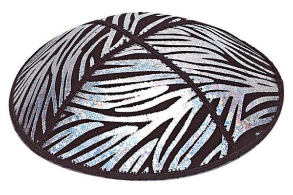 Holographic Foil Zebra Embossed - Kippah, Chai Embossed - Kippah, Our embossed foil kippah, meticulously crafted from luxurious suede, showcases a refined 4-panel design and stands at an elegant 3" high. The foil embossing can be rendered in various exquisite colors. The price includes a custom plate and design, along with a selection of sophisticated fonts at no extra charge.