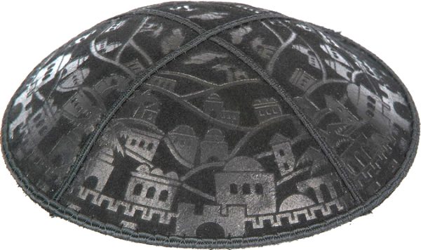 Jerusalem Embossed - Kippah, Chai Embossed - Kippah, Our embossed foil kippah, meticulously crafted from luxurious suede, showcases a refined 4-panel design and stands at an elegant 3" high. The foil embossing can be rendered in various exquisite colors. The price includes a custom plate and design, along with a selection of sophisticated fonts at no extra charge.