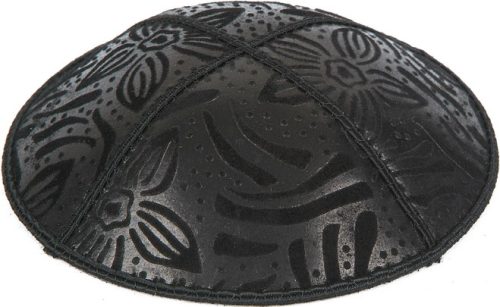 Large Flowers Embossed - Kippah, Our embossed foil kippah, meticulously crafted from luxurious suede, showcases a refined 4-panel design and stands at an elegant 3" high. The foil embossing can be rendered in various exquisite colors. The price includes a custom plate and design, along with a selection of sophisticated fonts at no extra charge. For those desiring a bespoke creation, both the foil and kippah color can be personalized for an additional fee.