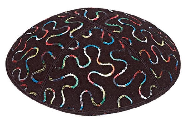Multicolor Foil Puzzle Embossed - Kippah, Chai Embossed - Kippah, Our embossed foil kippah, meticulously crafted from luxurious suede, showcases a refined 4-panel design and stands at an elegant 3" high. The foil embossing can be rendered in various exquisite colors. The price includes a custom plate and design, along with a selection of sophisticated fonts at no extra charge.