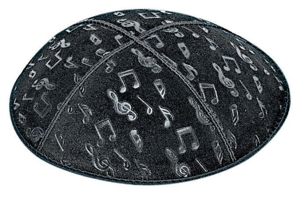Musical Notes Embossed - Kippah Our embossed foil kippah, meticulously crafted from luxurious suede, showcases a refined 4-panel design and stands at an elegant 3" high. The foil embossing can be rendered in various exquisite colors. The price includes a custom plate and design, along with a selection of sophisticated fonts at no extra charge. For those desiring a bespoke creation, both the foil and kippah color can be personalized for an additional fee.