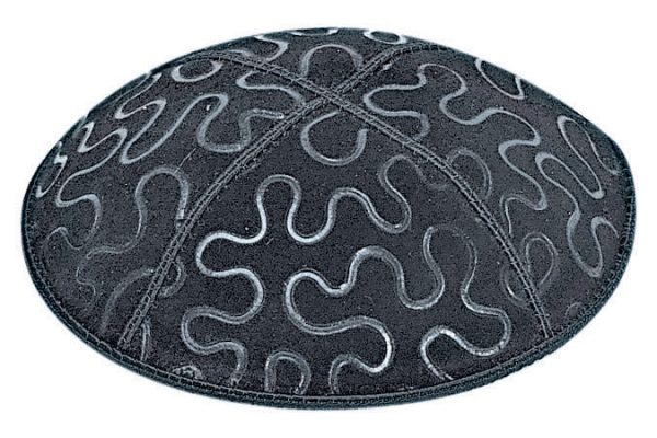 Puzzle Embossed - Kippah, Chai Embossed - Kippah, Our embossed foil kippah, meticulously crafted from luxurious suede, showcases a refined 4-panel design and stands at an elegant 3" high. The foil embossing can be rendered in various exquisite colors. The price includes a custom plate and design, along with a selection of sophisticated fonts at no extra charge.
