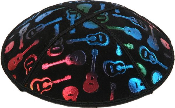 Rainbow Foil Guitars Embossed - Kippah, Chai Embossed - Kippah, Our embossed foil kippah, meticulously crafted from luxurious suede, showcases a refined 4-panel design and stands at an elegant 3" high. The foil embossing can be rendered in various exquisite colors. The price includes a custom plate and design, along with a selection of sophisticated fonts at no extra charge.
