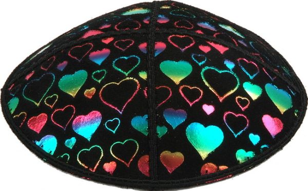 Rainbow Foil Hearts Embossed - Kippah, Chai Embossed - Kippah, Our embossed foil kippah, meticulously crafted from luxurious suede, showcases a refined 4-panel design and stands at an elegant 3" high. The foil embossing can be rendered in various exquisite colors. The price includes a custom plate and design, along with a selection of sophisticated fonts at no extra charge.