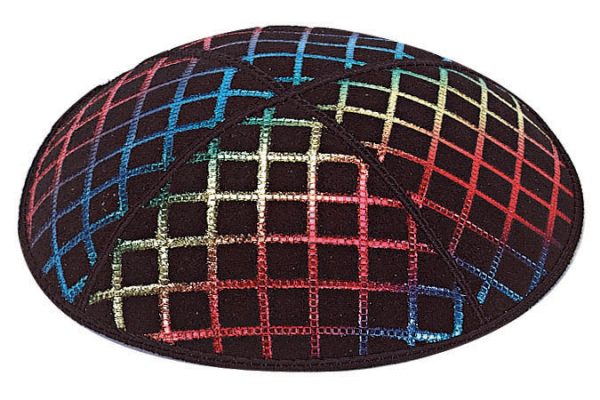 Rainbow Foil Quilted Embossed - Kippah, Chai Embossed - Kippah, Our embossed foil kippah, meticulously crafted from luxurious suede, showcases a refined 4-panel design and stands at an elegant 3" high. The foil embossing can be rendered in various exquisite colors. The price includes a custom plate and design, along with a selection of sophisticated fonts at no extra charge.