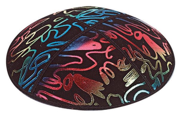 Rainbow Foil Scribble Embossed - Kippah, Chai Embossed - Kippah, Our embossed foil kippah, meticulously crafted from luxurious suede, showcases a refined 4-panel design and stands at an elegant 3" high. The foil embossing can be rendered in various exquisite colors. The price includes a custom plate and design, along with a selection of sophisticated fonts at no extra charge.