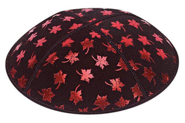 Red Foil Leaves Embossed - Kippah, Chai Embossed - Kippah, Our embossed foil kippah, meticulously crafted from luxurious suede, showcases a refined 4-panel design and stands at an elegant 3" high. The foil embossing can be rendered in various exquisite colors. The price includes a custom plate and design, along with a selection of sophisticated fonts at no extra charge.