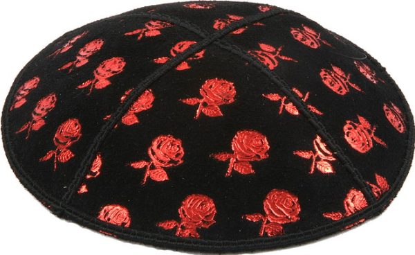 Red Foil Roses Embossed - Kippah, Chai Embossed - Kippah, Our embossed foil kippah, meticulously crafted from luxurious suede, showcases a refined 4-panel design and stands at an elegant 3" high. The foil embossing can be rendered in various exquisite colors. The price includes a custom plate and design, along with a selection of sophisticated fonts at no extra charge.