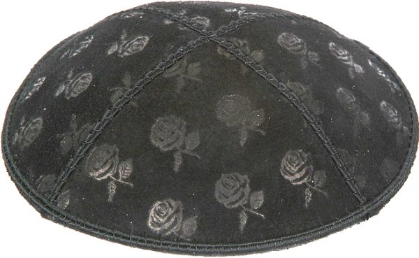 Roses Embossed - Kippah, Our embossed foil kippah, meticulously crafted from luxurious suede, showcases a refined 4-panel design and stands at an elegant 3" high. The foil embossing can be rendered in various exquisite colors. The price includes a custom plate and design, along with a selection of sophisticated fonts at no extra charge. For those desiring a bespoke creation, both the foil and kippah color can be personalized for an additional fee.