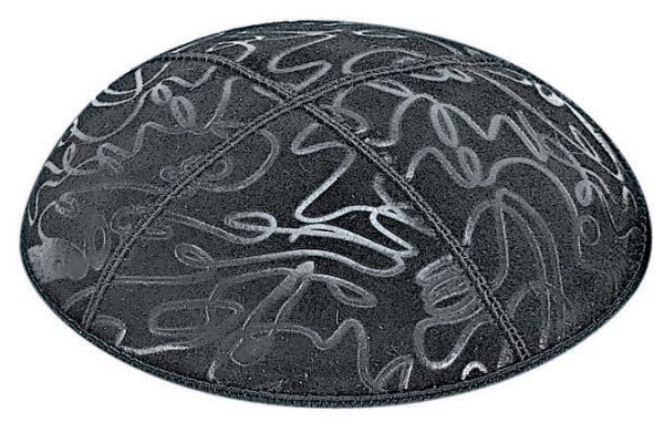 Scribble Embossed - Kippah, Our embossed foil kippah, meticulously crafted from luxurious suede, showcases a refined 4-panel design and stands at an elegant 3" high. The foil embossing can be rendered in various exquisite colors. The price includes a custom plate and design, along with a selection of sophisticated fonts at no extra charge. For those desiring a bespoke creation, both the foil and kippah color can be personalized for an additional fee.