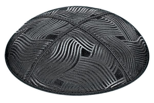 Spaghetti Embossed - Kippah, Our embossed foil kippah, meticulously crafted from luxurious suede, showcases a refined 4-panel design and stands at an elegant 3" high. The foil embossing can be rendered in various exquisite colors. The price includes a custom plate and design, along with a selection of sophisticated fonts at no extra charge. For those desiring a bespoke creation, both the foil and kippah color can be personalized for an additional fee.