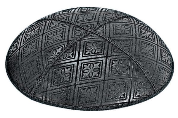 Tiled Embossed - Kippah, Our embossed foil kippah, meticulously crafted from luxurious suede, showcases a refined 4-panel design and stands at an elegant 3" high. The foil embossing can be rendered in various exquisite colors. The price includes a custom plate and design, along with a selection of sophisticated fonts at no extra charge. For those desiring a bespoke creation, both the foil and kippah color can be personalized for an additional fee.