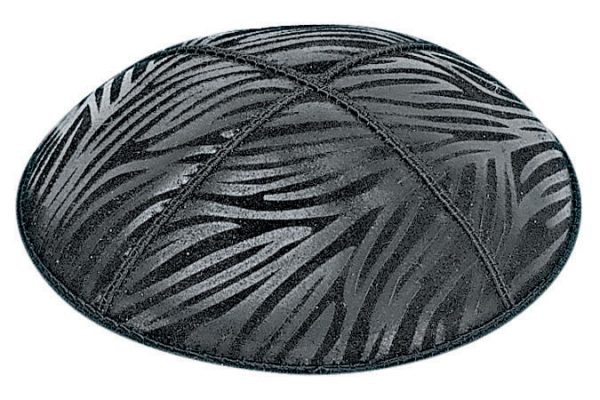 Zebra Embossed - Kippah, Our embossed foil kippah, meticulously crafted from luxurious suede, showcases a refined 4-panel design and stands at an elegant 3" high. The foil embossing can be rendered in various exquisite colors. The price includes a custom plate and design, along with a selection of sophisticated fonts at no extra charge. For those desiring a bespoke creation, both the foil and kippah color can be personalized for an additional fee.
