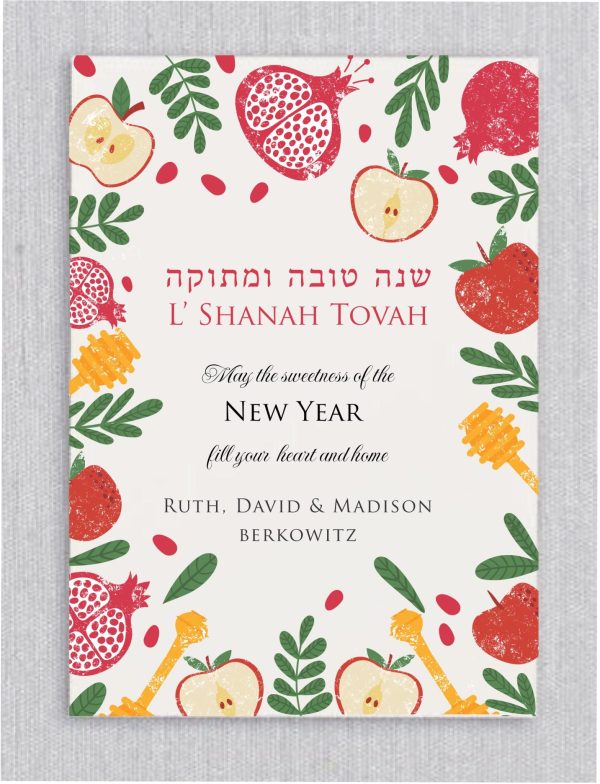 Introducing 'A Very Sweet New Year' - Rosh Hashanah Cards, adorned with a joyful frame encompassing symbols of the Jewish New Year: pomegranates, sweet apples, and honey. These elements symbolize wishes for blessings in the upcoming Jewish year, accompanied by 'Shanah Tova' in Hebrew and English.