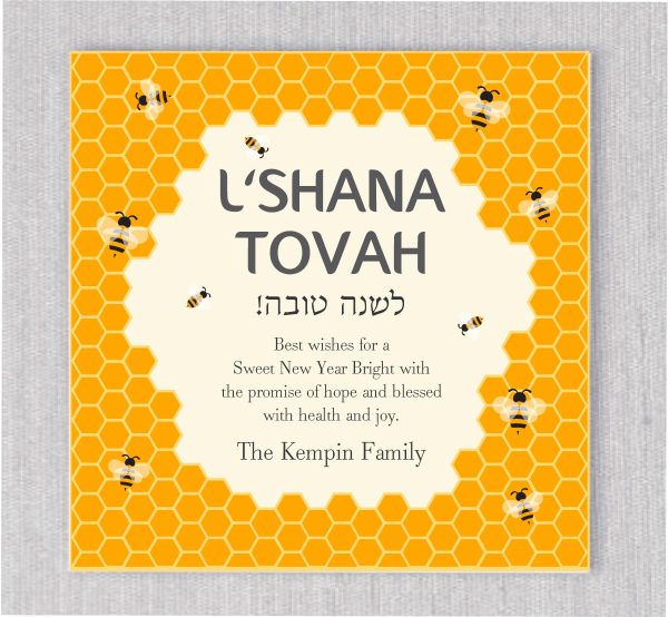 A vibrant Rosh Hashanah holiday card featuring cheerful bees buzzing around the Jewish new year card scrumptious honey! This Rosh Hashanah design captures the essence of the holiday, symbolizing a sweet and prosperous Jewish New Year ahead.