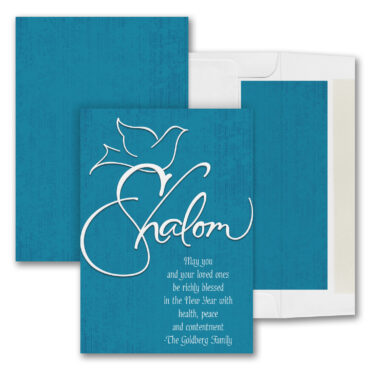 A gentle dove delivers a greeting of peace for the new year on this blue card.