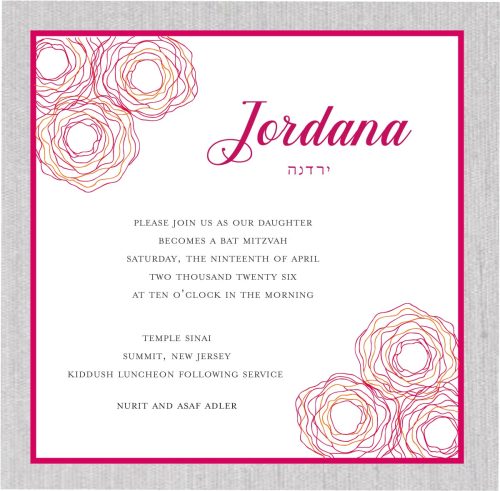 A favorite from our Jewish Bat Mitzvah collection, this invitation features modern, chic flowers in pink and orange at the two corners of the card. The unique design adds a fresh, contemporary twist to this traditional symbol, making it the perfect choice for your Bat Mitzvah celebration. This invitation suite includes matching blank envelopes, offering a cohesive and elegant touch to your special event.